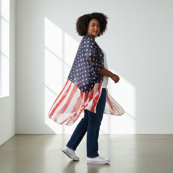 American Flag Kimono Top Sheer Patriotic USA Red White Blue Stars Stripes 2X - Picture 12 of 12